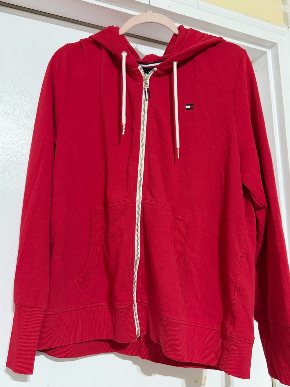 Tommy Hilfiger Red Hooded Zip Jacket with White Trim